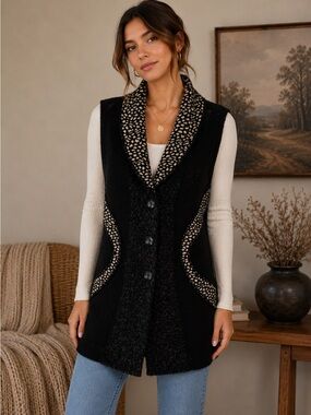 Vintage Concept Longline Wool Mohair Sweater Vest Black Cream Sleeveless Size M
